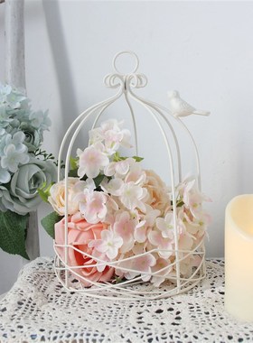 白色装饰鸟笼铁件烛台复古套二简约家居饰品装饰摆件可挂多肉花盆