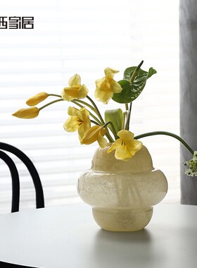 奶黄色中古风玻璃花瓶摆件 软装高级感家居客厅花器