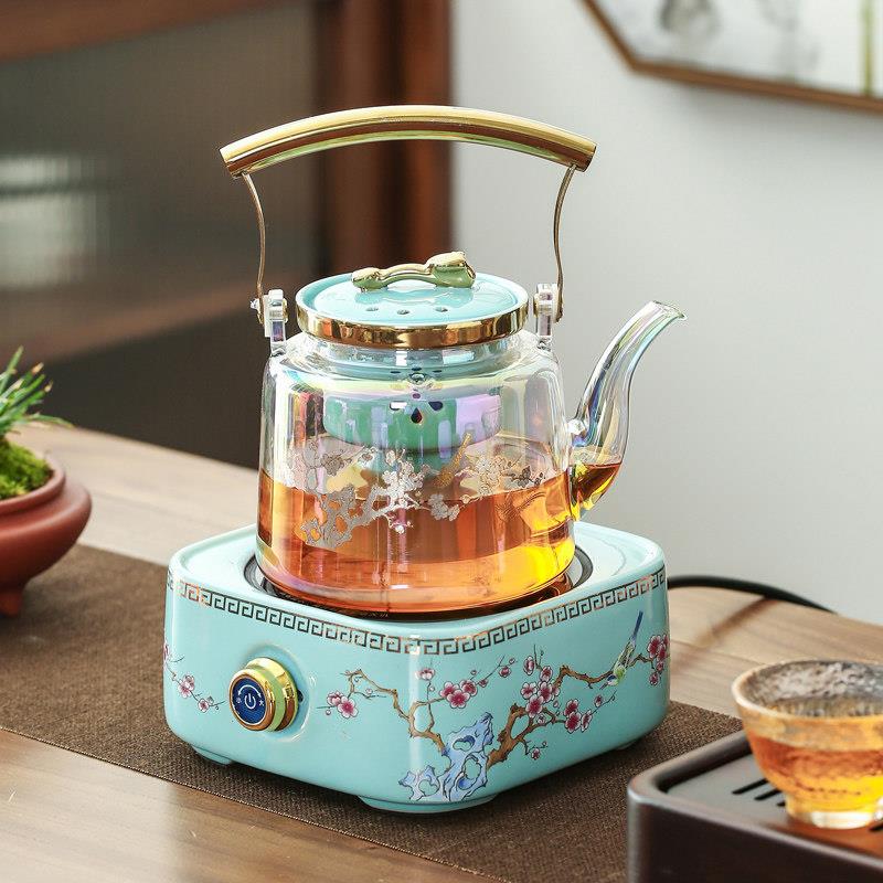 Explosion-proof high borosilicate glass tea kettle, black crystal stove, household tea set, thickened handle kettle