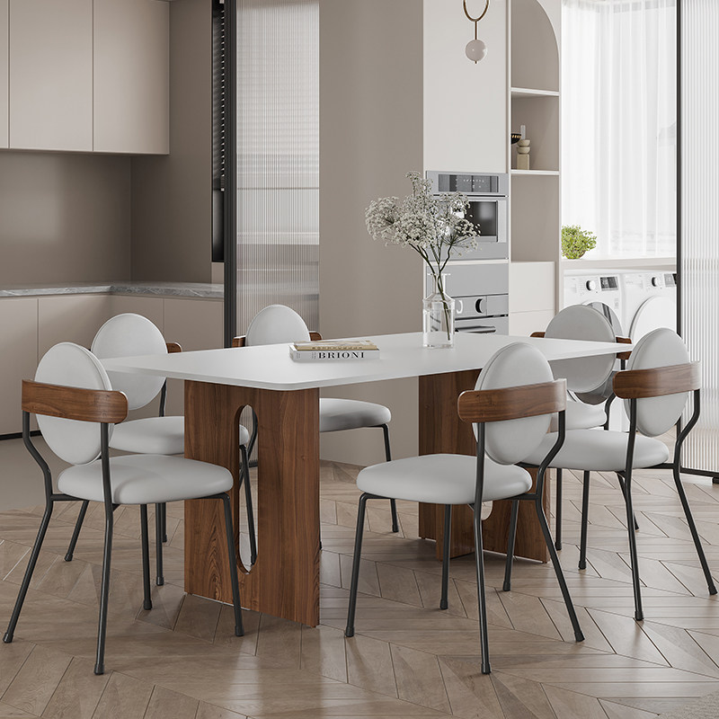 中古风实木奶油白色哑光岩板复古餐桌椅组合小户型长方形岛台家用,淘宝优惠券,粉丝福利购,淘宝优惠卷