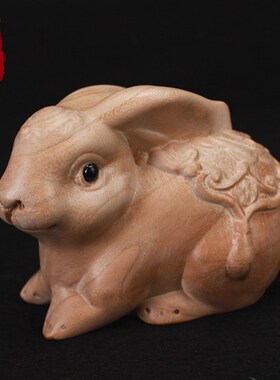 桃木兔子摆件木雕实木质大小号一对办公室客厅生肖汽车可爱工艺品