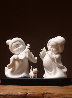 陶瓷可爱仕女人物中式客厅创意居家装饰品覆古风唐奏乐摆件送礼