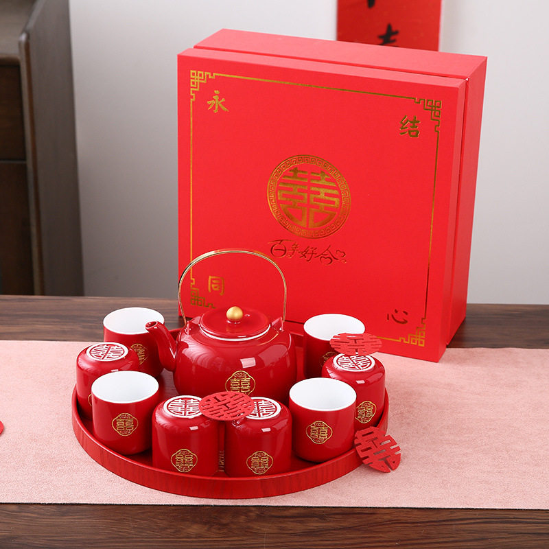 New tea cup set festive Chinese style bride engagement dowry red tray teapot