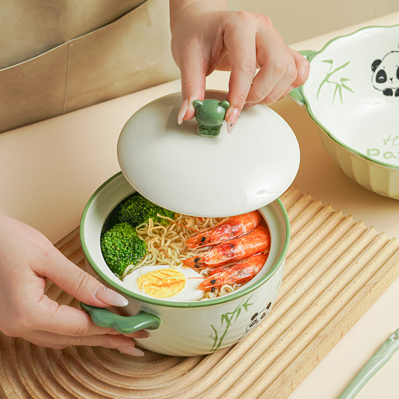 釉下彩泡面碗双耳带盖陶瓷家用碗单个学生宿舍创意汤碗拉面碗面碗,淘宝优惠券,粉丝福利购,淘宝优惠卷