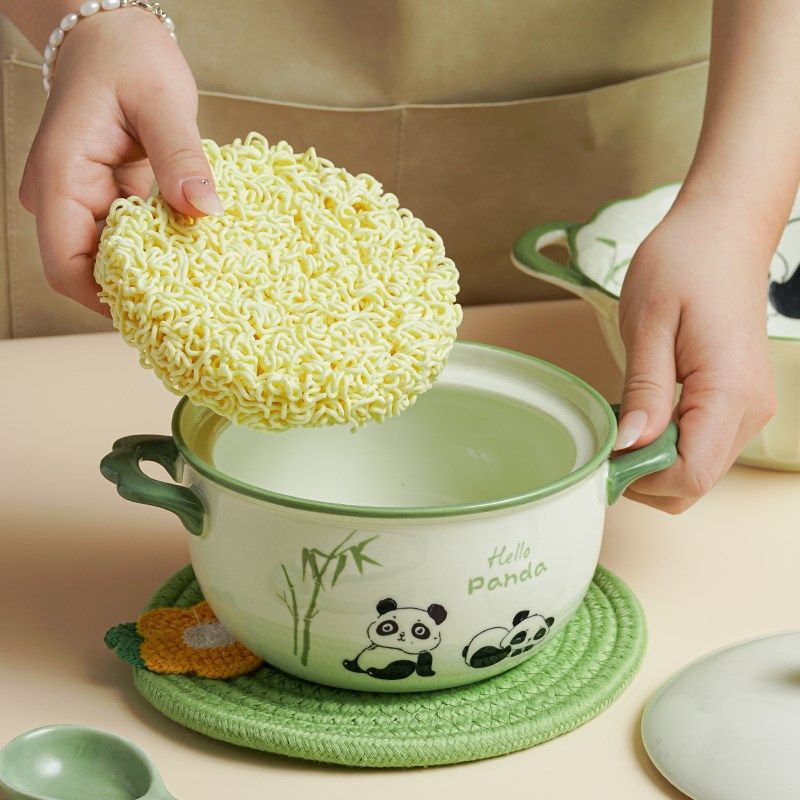 釉下彩泡面碗双耳带盖陶瓷家用碗单个学生宿舍创意汤碗拉面碗面碗,淘宝优惠券,粉丝福利购,淘宝优惠卷