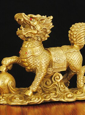 铜麒麟摆件一对纯铜公母送子麒麟一家三麒麟客厅玄关门口吉祥装饰