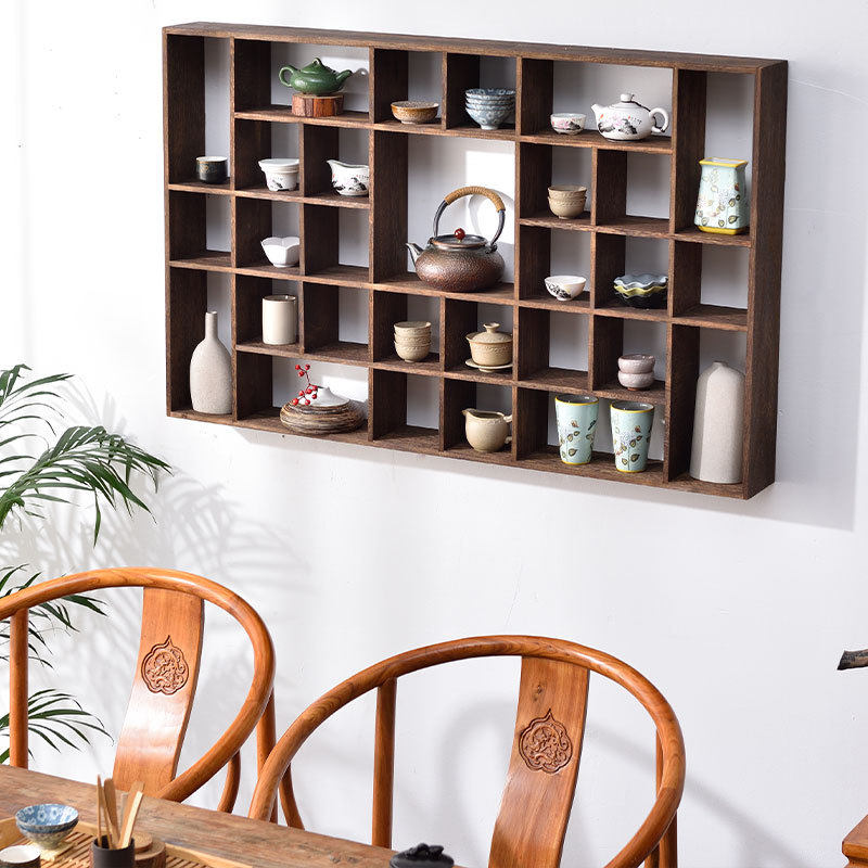 Solid wood Duobao Pavilion tea set storage wall hanging rack 48 compartments