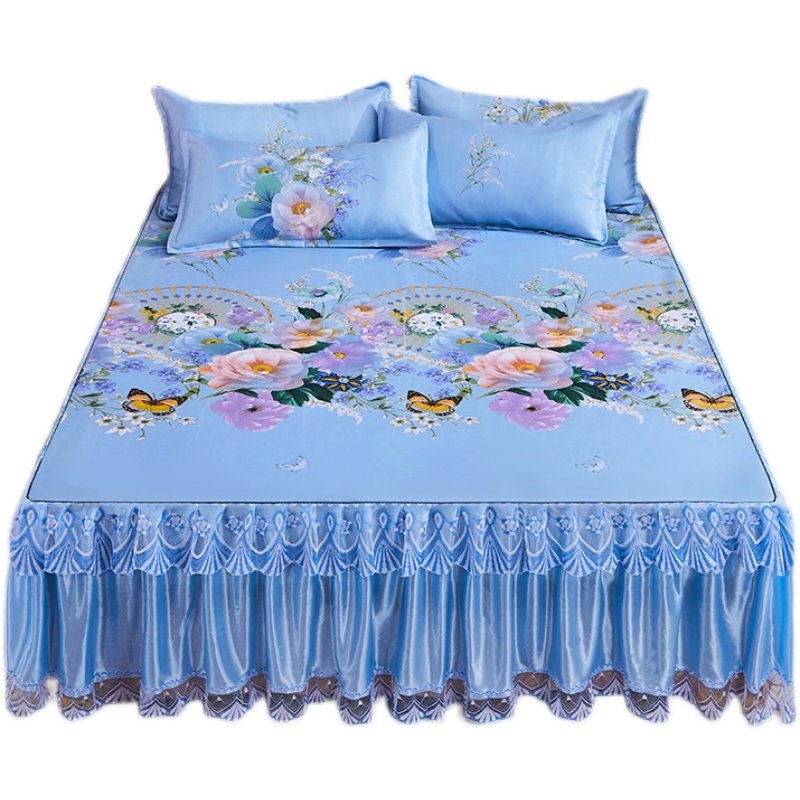 夏天床裙款冰丝席三件套凉席双人空调席1.5m1.8m折叠蕾丝床罩席子,淘宝优惠券,粉丝福利购,淘宝优惠卷