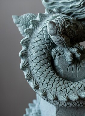 碌心   中式创意国潮盘龙石柱 青砂石逗兽记家居装饰摆件鱼缸造景