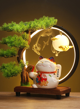 新中式创意礼品家居乔迁开业送礼小号摇手招财猫灯圈招财摆件店铺