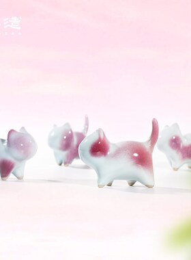 治愈系猫咪工位小摆件陶瓷窑变旺桃花钧瓷茶宠高级感生日礼物女