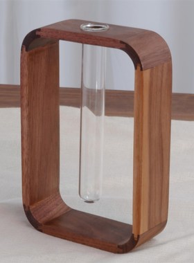 北美黑胡桃实木试管花瓶客厅透明玻璃桌面摆件富贵竹绿萝水培花器