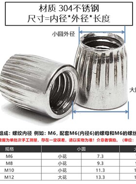 M6M8M10M12 304不锈钢锥形螺母锥型螺帽膨胀尾帽滚花内爆螺丝