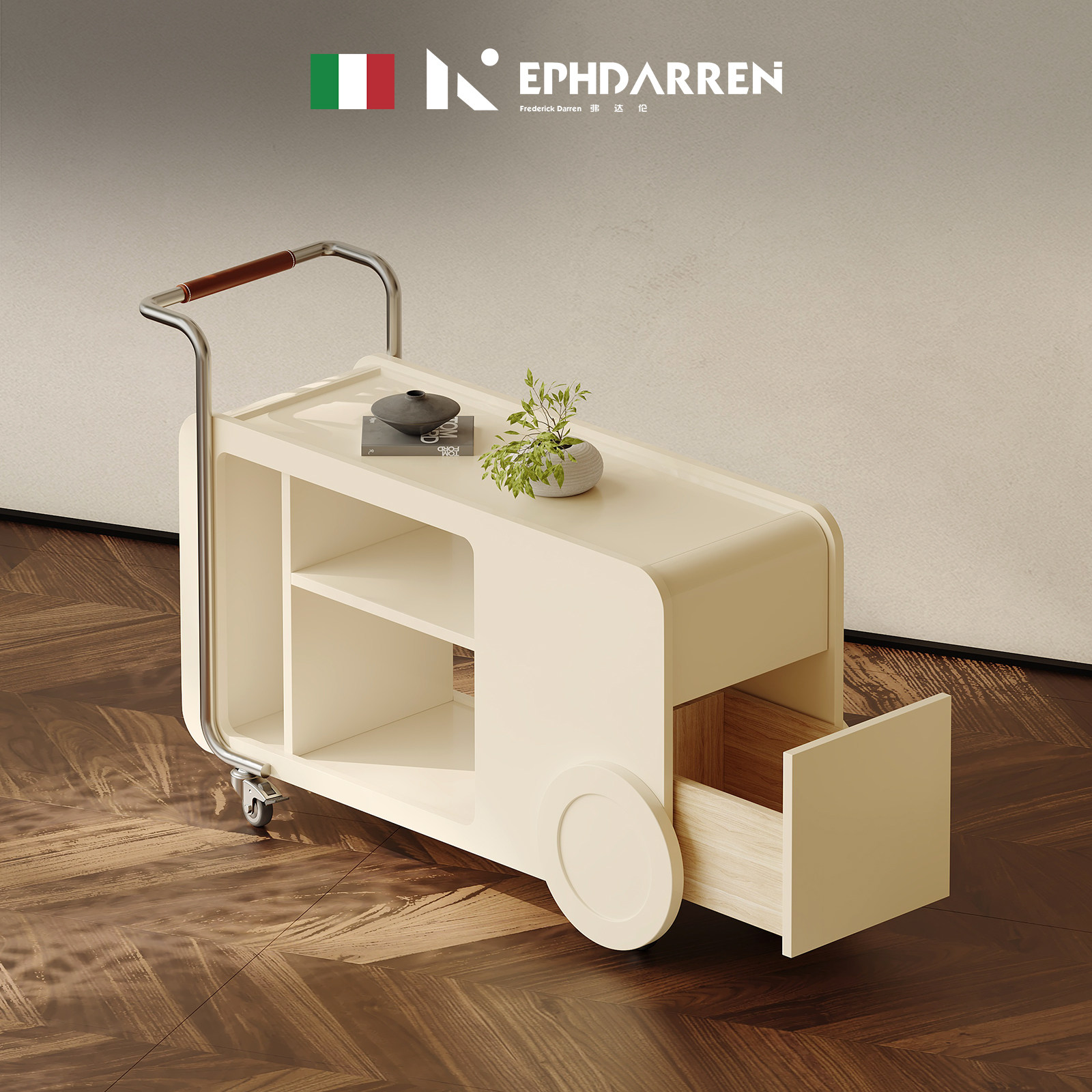 【自营】EPHDARREN/弗达伦奶油风小推车边几可移动客厅沙发边几柜,淘宝优惠券,粉丝福利购,淘宝优惠卷