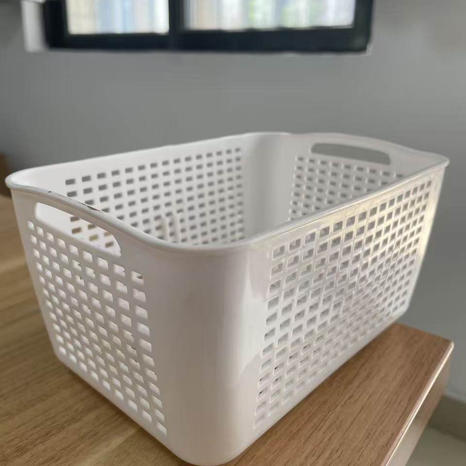 白色塑料镂空收纳盒长方形桌面整理筐家用储物盒简约带把手10个装