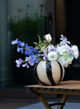 北欧设计感花瓶中古风ins风小众琉璃花瓶黑色条纹高级感插花花器