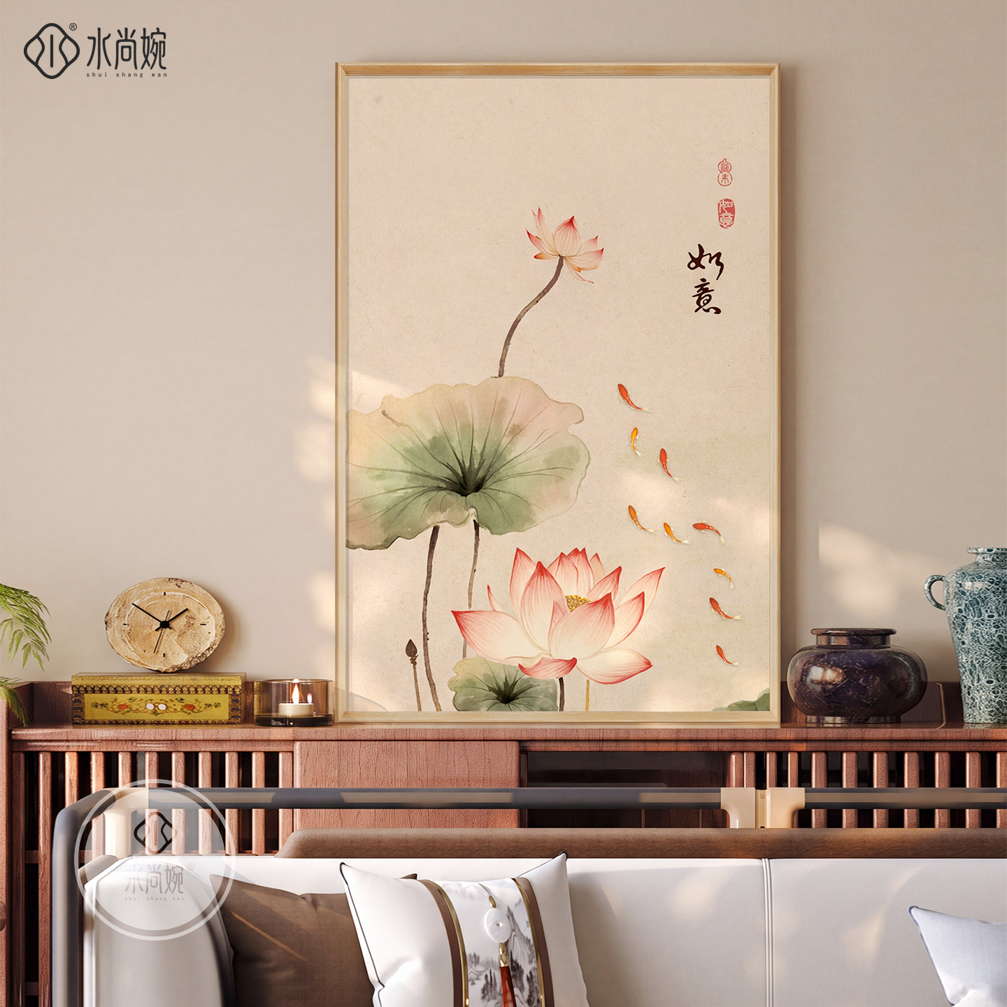 新中式荷花图沙发背景墙挂画宋代美学和气生财客厅装饰画禅意壁画