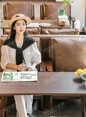 纳帕皮咖啡厅桌椅组合奶茶店酒吧书吧饭厅小酒馆卡座沙发洽谈商用