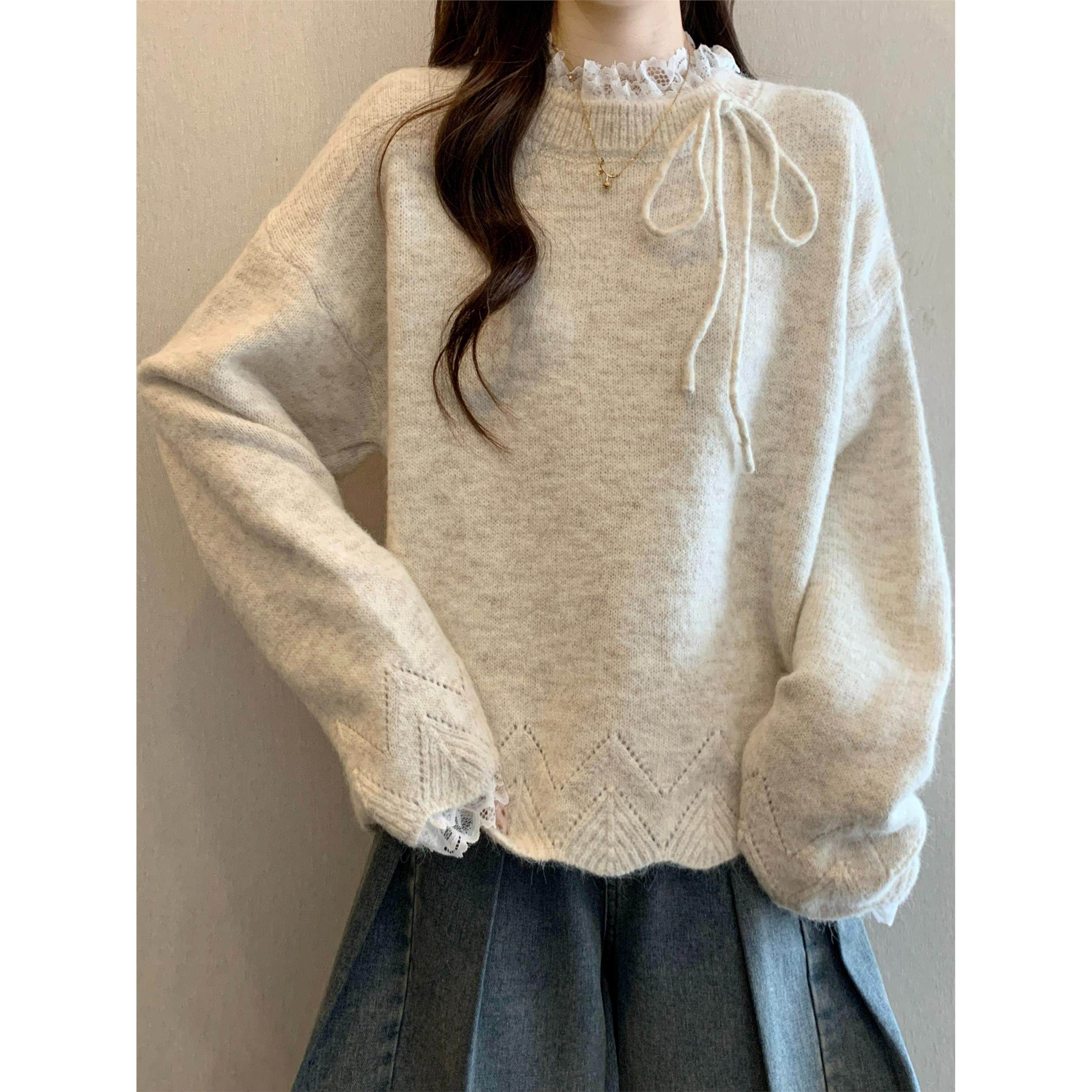 大码高级感蕾丝拼接毛衣女装秋冬胖mm显瘦正肩内搭针织打底衫上衣,淘宝优惠券,粉丝福利购,淘宝优惠卷