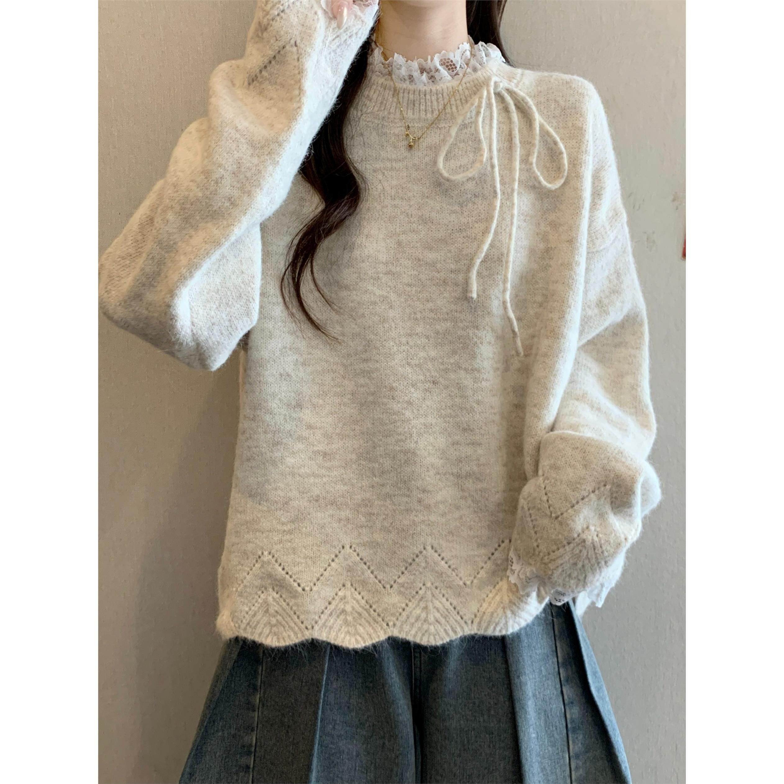 大码高级感蕾丝拼接毛衣女装秋冬胖mm显瘦正肩内搭针织打底衫上衣,淘宝优惠券,粉丝福利购,淘宝优惠卷