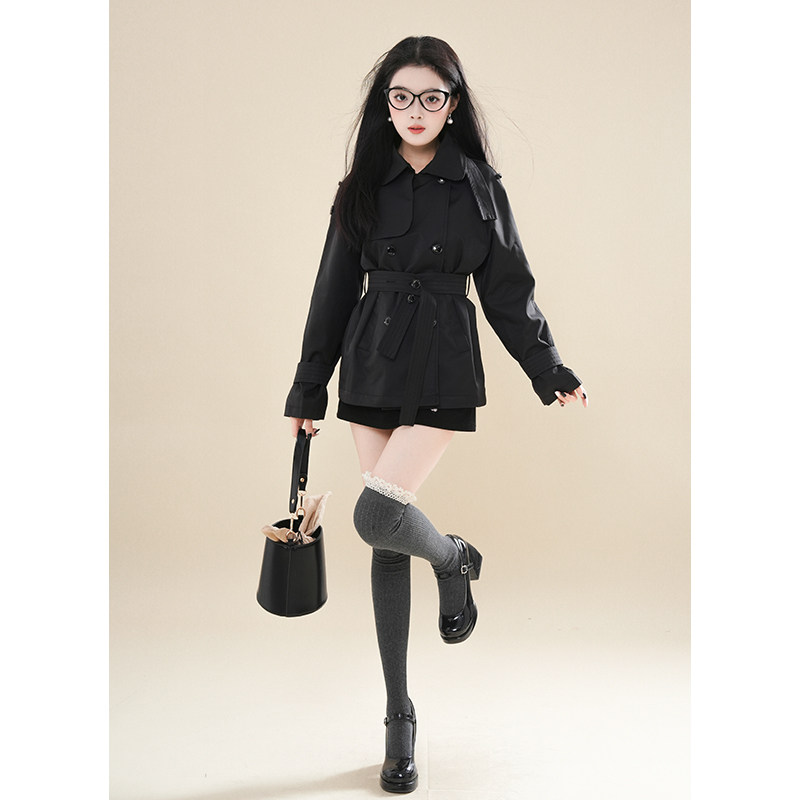 纯欲风复古双排扣风衣女春秋新款小个子高级感黑色收腰短款外套,淘宝优惠券,粉丝福利购,淘宝优惠卷