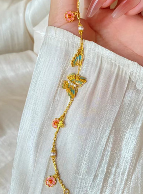 沙金新款幽梦蝶生手链古法烧蓝蝴蝶珍珠手链女宫廷风珐琅设计首饰