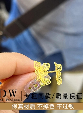 奥特莱斯18K金 古法镂空蝴蝶耳钉女精品蝶恋花耳环新款大气仿真耳