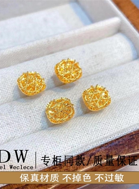 奥特莱斯18K金古法金拉丝小方糖耳钉对称方形耳饰S925时尚轻奢耳