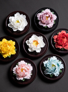 母亲节陶瓷手捏牡丹瓷花摆件扩香器办公客厅茶室中式手工家居饰品
