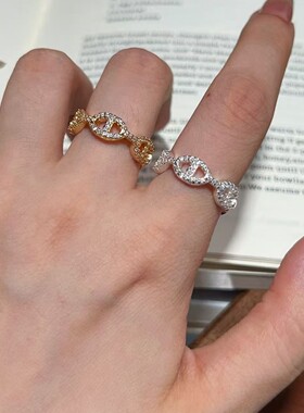 猪鼻子镶钻几何戒指轻奢风个性镀