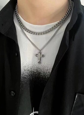 新款镶钻十字架古巴项链男双层潮