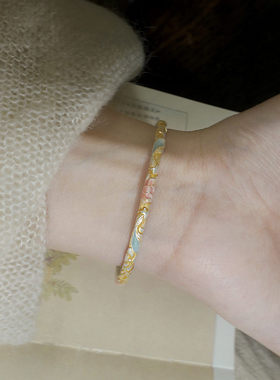 复古925银珐琅彩描金锦鲤荷花开口手镯女新中式国风小众设计手环