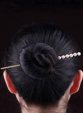 简约一字珍珠发簪子女s925银古风汉服头饰复古风发钗盘发饰礼物