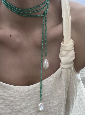 法式时尚复古祖母绿色水晶珍珠吊坠串珠项链小众气质高级感毛衣