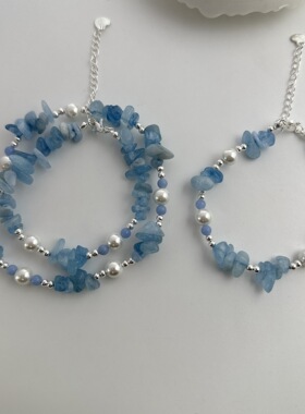 深邃海洋系列海蓝宝水晶串珠珍珠项链清新小众蓝色碎石不规则配饰