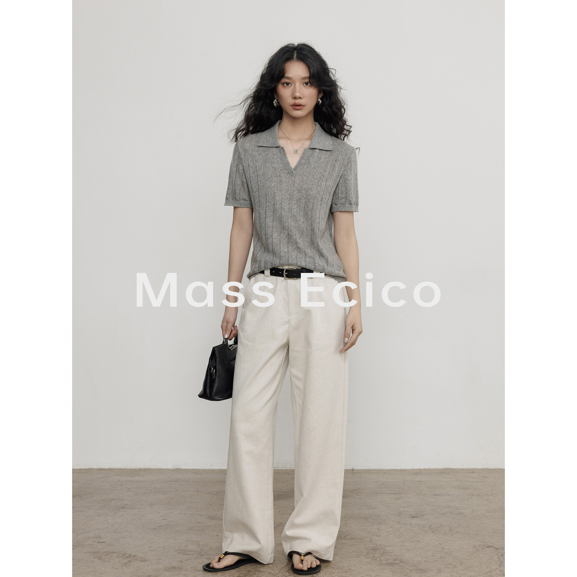 Mass Ecico老钱风V领短袖针织衫女夏季新款通勤显瘦薄款外穿上衣