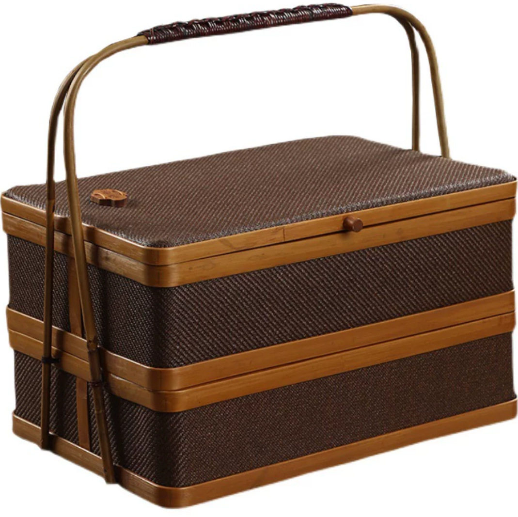 Rattan storage box household multi-layer round retro meal box basket portable tea set storage handmade bamboo woven
