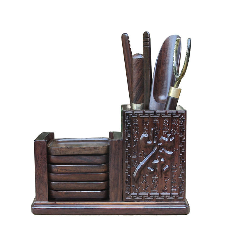 Ebony Tea Ceremony Six Gentlemen Twelve Rectangular Set with Coaster Solid Wood Combination Tea Set Accessories Ornaments