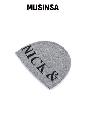 NICK&NICOLE 羊绒字母提花针织帽_灰色 MUSINSA韩国直邮官方正品