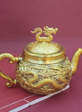 纯黄铜龙凤茶壶装饰品功夫茶杯茶具套组国风送礼家用中式高档摆件