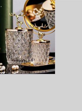 轻奢高端鹿头玻璃牙签盒家用牙签管创意个性化牙线棉签收纳盒牙签