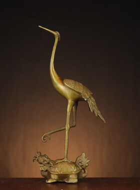 中式黄铜仙鹤龟鹤延年单鹤踩龟长寿龟鹤家居装饰摆件礼品黄铜鹤龟