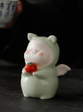 创意小猪可爱招财陶瓷茶宠摆件诸事大吉柿子工艺品家居桌面装饰品