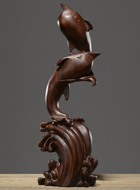 黑檀木雕海豚摆件家居饰品客厅创意艺术玄关酒柜摆设实木质工艺品