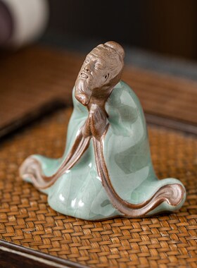 创意老夫子陶瓷哥窑开片人物伯乐抚琴茶宠茶玩摆件盆栽造景装饰品