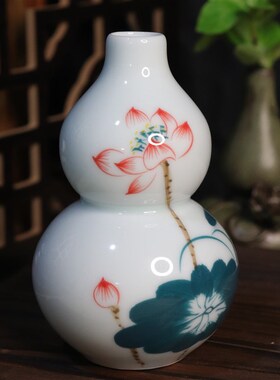 中式复古风手绘荷花葫芦陶瓷花器居家客厅摆件书桌装饰桌面瓷花瓶