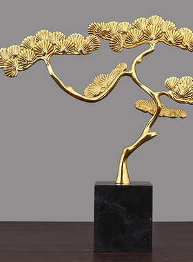 黄铜迎客松摆件客厅玄关酒柜办公桌精致家居装饰工艺品新中式轻奢