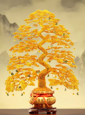 金黄色发财树手工编织铜丝铝线摇钱树招财树开业乔迁送礼高端摆件