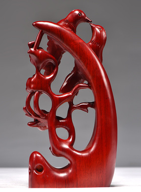 红花梨木雕喜上眉梢摆件红色实木根雕动物花鸟喜鹊家居办公工艺品