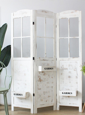 田园网红复古折叠屏风实木玄关隔断花架橱窗镂空服装店落地式摆件